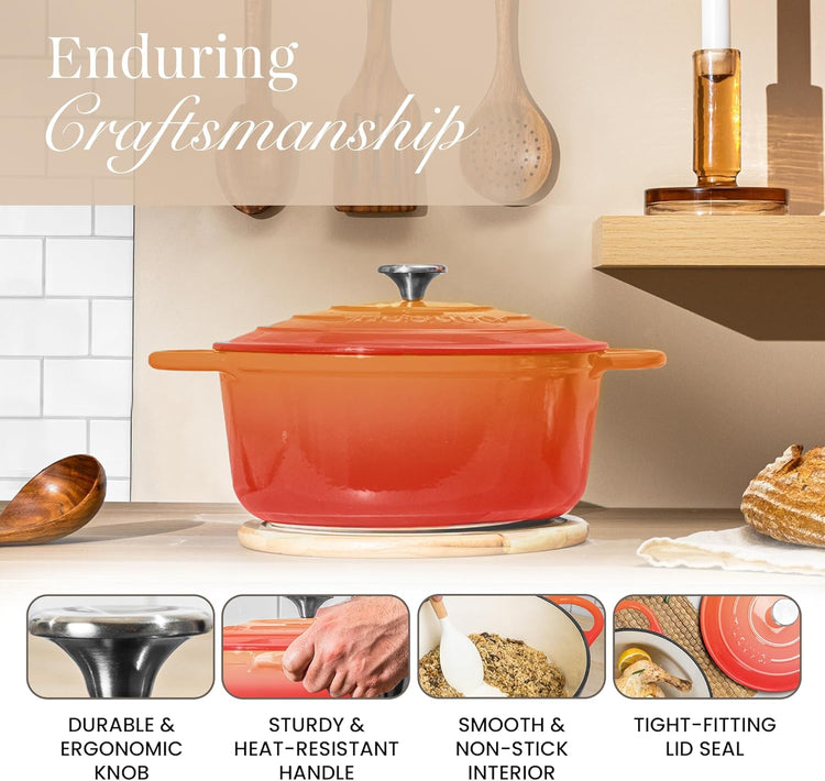 Nuovva Enamelled Cast Iron Dutch Oven Pot with Lid – 6.4 Quart Non Stick Casserole Pot – Heavy Duty & Oven Safe up to 500° F for Bread Baking, Braising, Stews, Roasting – 28cm Orange - Nestoria