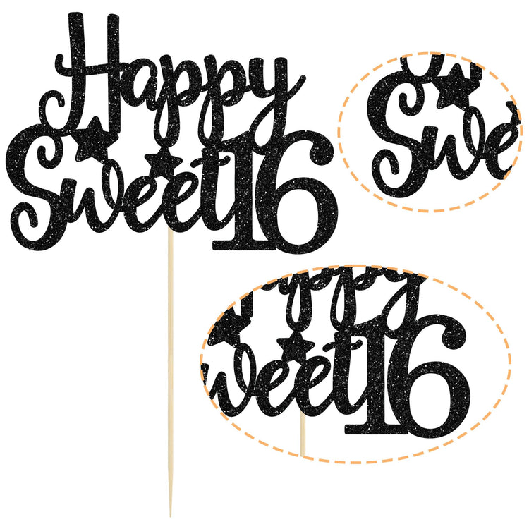 1Pc Happy Sweet 16 Cake Topper Glitter 16th Birthday Cake Pick for Cheers to 16 Years Old 16th Birthday Party Cake Decorations Supplies Black