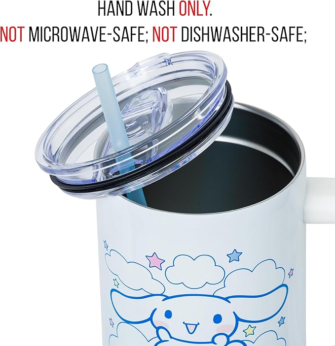 Silver Buffalo Sanrio Hello Kitty and Friends Featuring Cinnamoroll in Stars and Clouds Double Walled Stainless Steel Tumbler with Handle and Straw, Fits in Standard Cup Holder, 40 Ounces