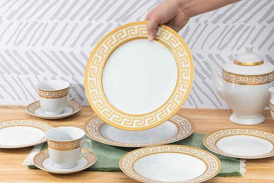 Porcelain Dinnerware Set for 8 - Luxurious 49 Piece Dish Set - White and Gold Greek Key Design - Dinner Plates, Bowls, Cups and Saucers for Everyday Dishes or Formal Occasions (Meander Gold 2049)