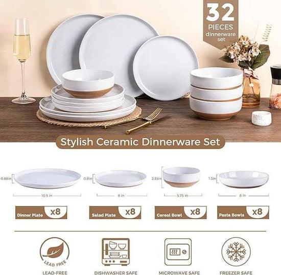 AmorArc Ceramic Dinnerware Sets with Pasta Bowls for 8, Handpainted Plates and Bowls Set with Rustic Terracotta Underside, Scratch Resistant Dishes Set, Dishwasher & Microwave Safe, 32 Pcs