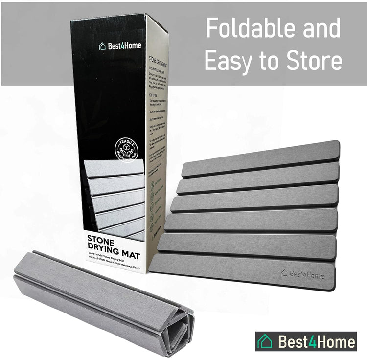 Stone Drying Mat for Kitchen Counter - Grey 12x16In Dish Drying Mat - Foldable Diatomite Stone Dish Rack - Absorbent Diatomaceous Earth Non-Slip Tray for Bathroom