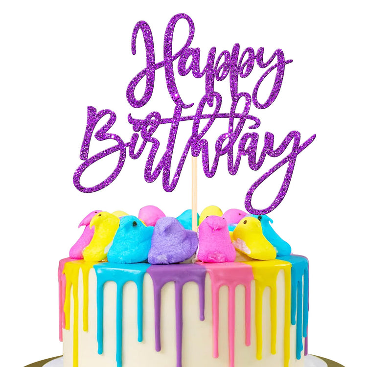 1 PCS Happy Birthday Cake Topper Glitter Happy Birthday Cake Pick for Celebrating Happy Birthday Anniversary Theme Party Cake Decorations Supplies Purple