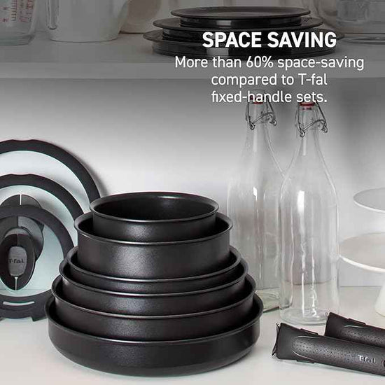 T-fal Ingenio Expertise Non Stick Cookware Set 14 Piece, Induction Oven Broiler Safe 500F, Detachable/Removable Handle, Kitchen, Pots and Pans, RV, Camping, Fry Pans, Saucepans, Dishwasher Safe Black