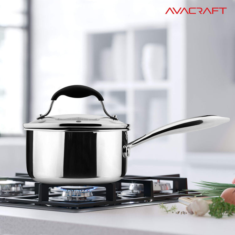 Tri Ply Stainless Steel Saucepan with Glass Strainer Lid