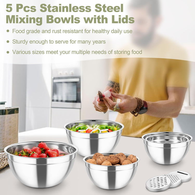 Mixing Bowls Stainless Steel Salad Serving Bowl with Clear Lids (5 Count)