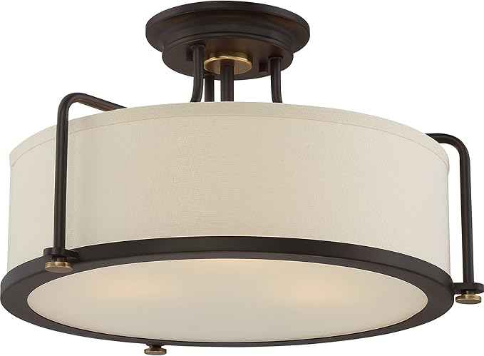 Quoizel Rigel Semi-Flush Mount Ceiling Light Fixture, 18 Inch 3-Light 100W Western Bronze Hanging Light with Beige Fabric & Frosted Glass Shade for Hallway, Kitchen, Bedroom, Living Room or Office