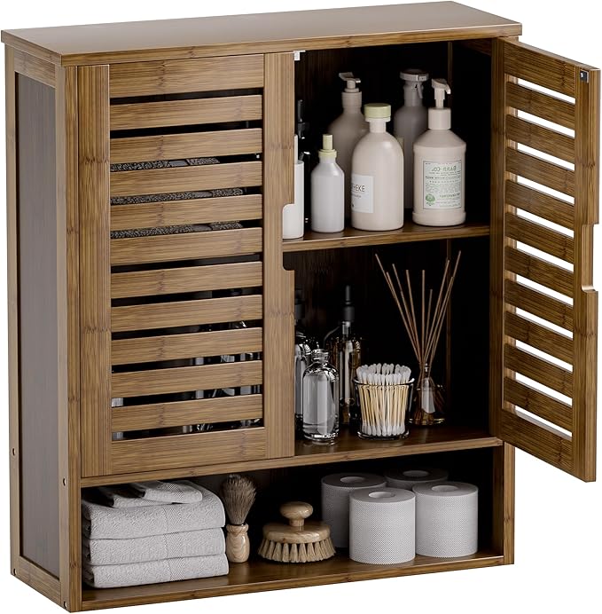 SMIBUY Bathroom Cabinet Wall Mounted, Bamboo Over-The-Toilet Storage Organizer, Space Saver Medicine Cabinet with 2 Door and Adjustable Shelves (Walnut)