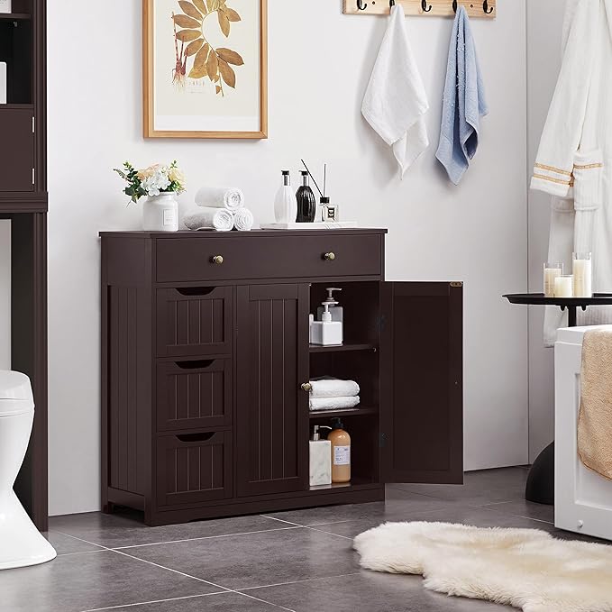 Yaheetech Bathroom Floor Cabinet, Large Storage Space Wooden Organizer with 1 Big Drawer, 3 Small Drawers & 2 Doors, Free-Standing Cupboard for Kitchen/Living Room/Bathroom Use, Espresso