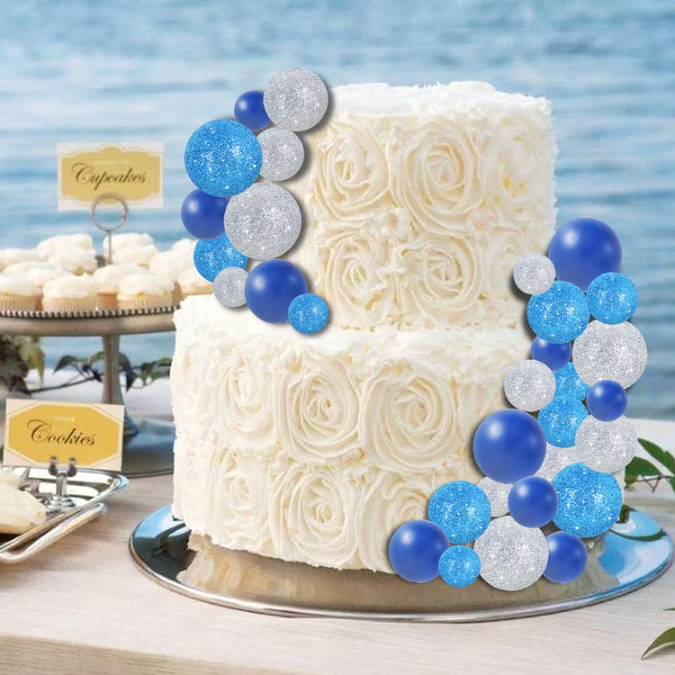 40 Pcs Ball Cake Toppers Mini Balls Cake Decorations Blue Silver Foam Balls Sticks DIY Cake Topper for Baking Congrats Grade 2026 Graduation Birthday Winter Party Decorations (40 Count)