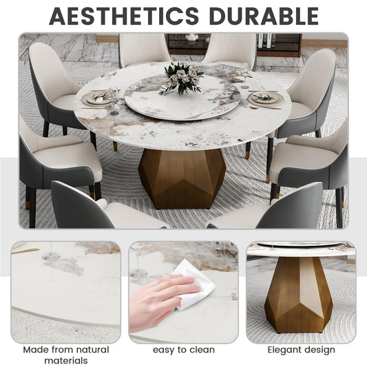 59" Modern Artificial Marble Round Dining Table with Antique Brass Metal Base & 31.5" White Sintered Stone Turntable
