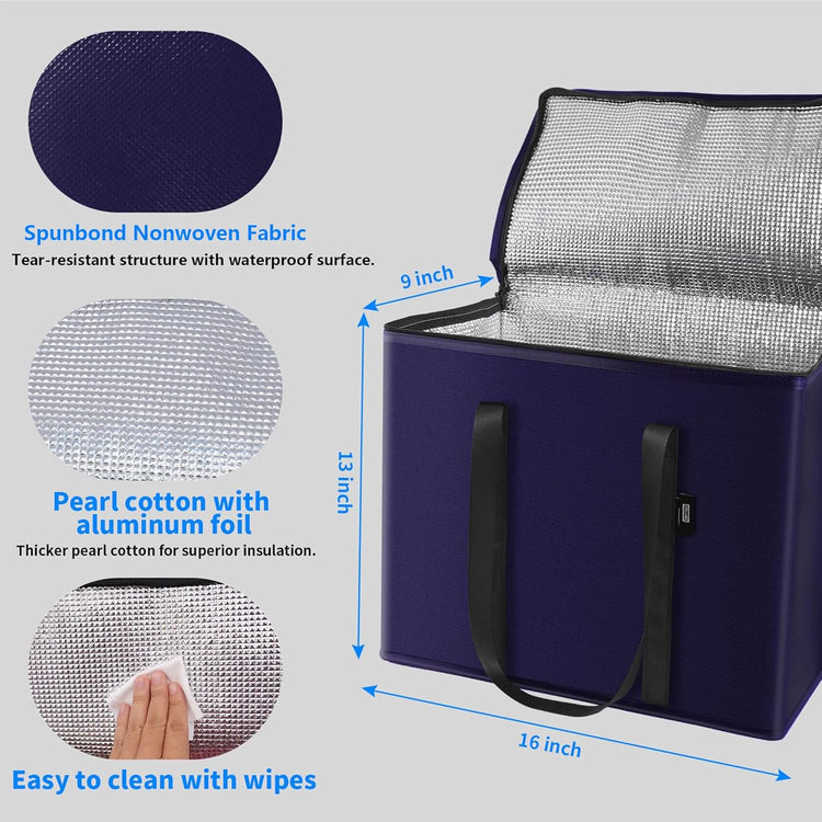 2-Pack Reusable Insulated Grocery Bags with Zippered Top, Heavy Duty Cooler Bags for Frozen Foods, Waterproof and Foldable Bag for Cold Storage & Travel– Dark Purple