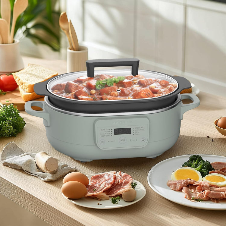 6 Quart Slow Cooker, with 8-in-1 Multi-Cooker, Casserole Programmable crock pot, Dutch Oven, Pasta, Nonstick, Oven Safe Pot to 500°F, Olive - Nestoria