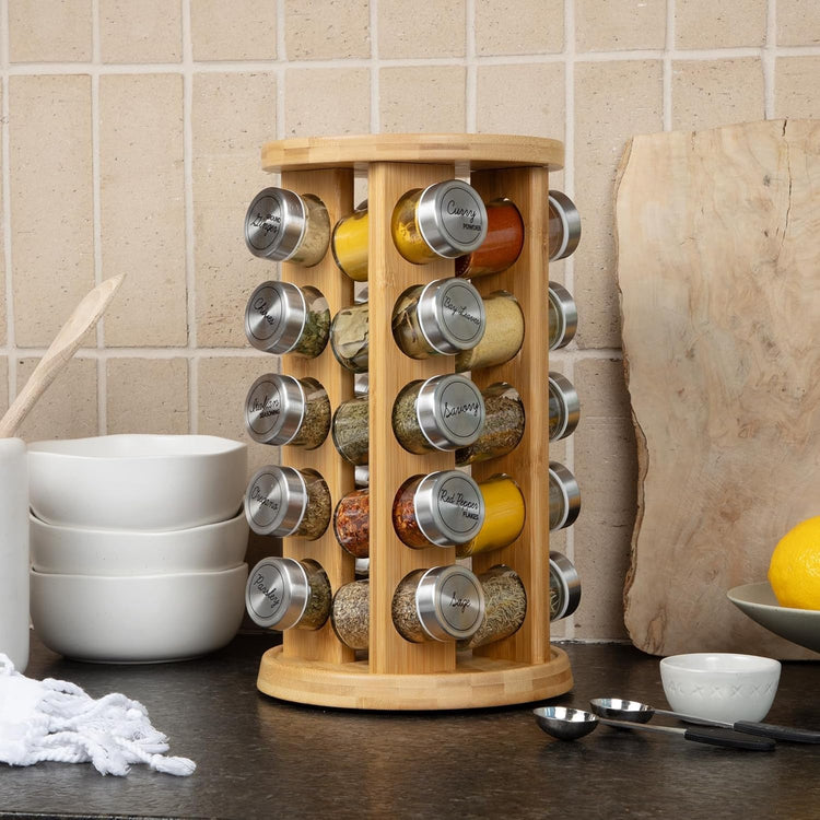 Orii 20 Jar Bamboo Spice Rack with Spices Included - Rotating Tower Organizer for Kitchen Spices and Seasonings, (Bamboo Wood)