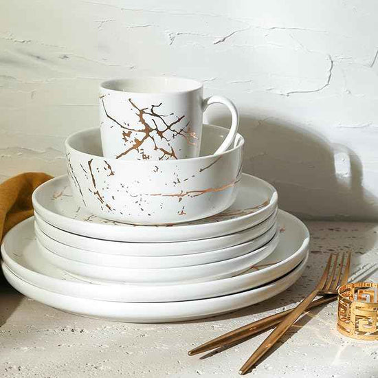 Stone Lain Porcelain 16 Piece Dinnerware set, 4 Full White Gold Splash Sets