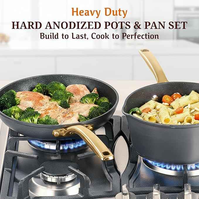 GRANITESTONE 14pcs Induction Pots and Pans Set Non Stick Cookware Set with 3 Utensils, Premium Chef Quality Forged Hard Anodized Exterior with Armor Max Coating Lasts 8x Longer, Oven & Dishwasher Safe
