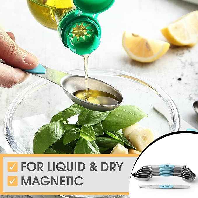 Spring Chef Stainless Steel Magnetic Measuring Spoons Set of 8 with Leveler, Nesting Metal Teaspoon & Tablespoon Measuring Spoons, Fits in Spice Jars, Kitchen Gadgets for Baking & Cooking - Aqua Sky