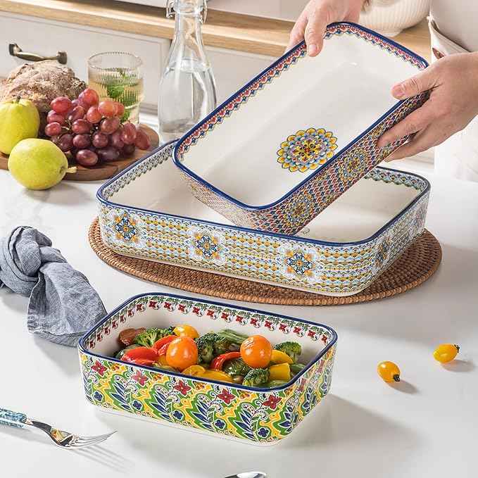 Casserole Dishes for Oven, Ceramic Baking Dishes Set of 3, Rectangular Lasagna Pans, Ceramic Bakeware Set for Baking, Roasting and Serving - Boho Style