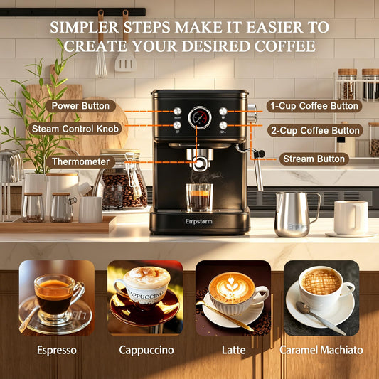 04E 20 Bar Espresso Machine with Milk Frother Steam 1100W Black