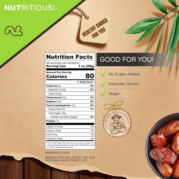 NUT CRAVINGS - Sun Dried Deglet Noor Dates Pitted, No Sugar Added (48oz, 3 Lbs) Bulk Dry Fruits Packed Fresh in Resealable Bag - Sweet Healthy Snack, Naturally Grown, Vegan, Kosher