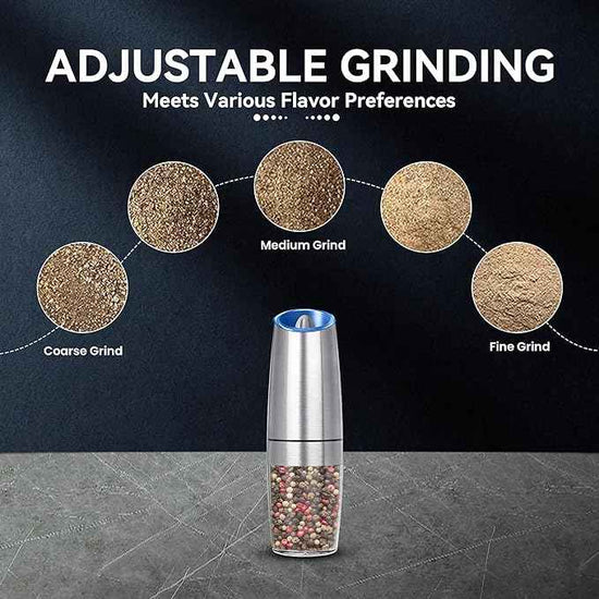 Rechargeable Electric Salt and Pepper Grinder, gravity electric salt and pepper grinder, Adjustable Roughness, LED Light, 1 Pack, (Silver)