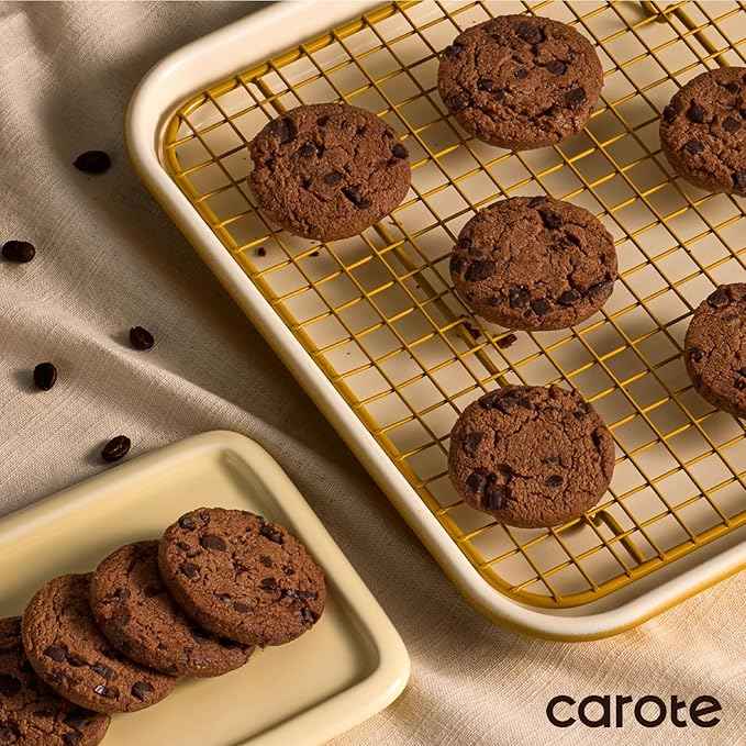 CAROTE 7-Piece Nonstick Ceramic Baking Pans Set - Bakeware Sets Including Cookie Sheets for Baking, Muffin Pan, Bread Pan, Cake pan, Loaf Pan, Roasting Pan, and Cooling Rack, Yellow & White
