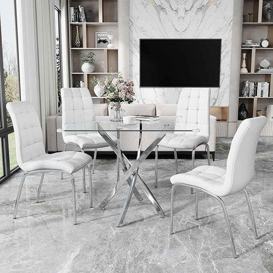 5 Piece Square Glass Dining Table Set, Round Tempered Glass Kitchen Table for 4, Modern Table with 4 High-Back Upholstered Chairs for Kitchen Dining Room (Silver Legs, 4 White Chairs)