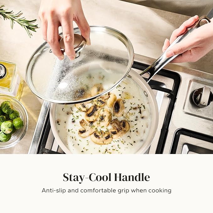 Redchef Cooking Pot Set Induction 5Qt, Saucepan Set 2.5/3.5Qt Nonstick Ceramic Cookware Set, Compatible All Cooktops, Even Heat, Stay-Cool Handles, Oven/Dishwasher Safe, PTFE PFAS Free (Beige)