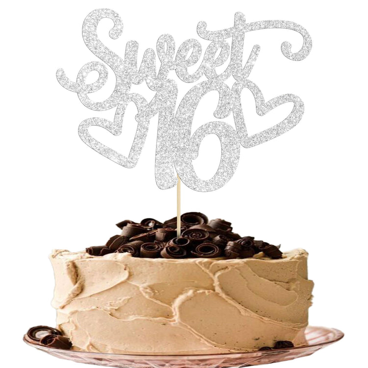 1Pc Sweet Teenager 16 Cake Topper Glitter 16th Birthday Cake Pick for Cheers to 16 Years Old 16th Birthday Party Cake Decorations Supplies Sliver