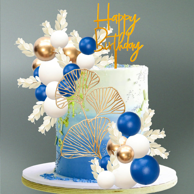 57Pcs Balls Cake Topper Boho Grass Cake topper Pearl Balls Acrylic Happy Birthday Cake Decorations for Wedding Baby Shower Birthday Boho Themed Party Supplies Royal Blue (57 Count)
