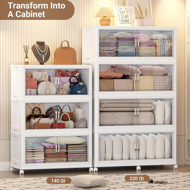 165Gal Plastic Stackable Storage Bins with Lid, 660QT Extra Large Closet Organizers Collapsible Cabinets Boxes With Drawers, Foldable Containers with 6x Wheels for Home Kitchen, V60 3Pack White