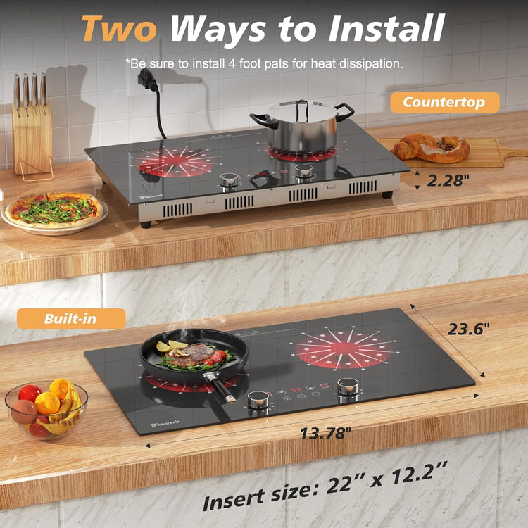 2 Burner Electric Cooktop 110V - 24 Inch Ceramic Stove Top Countertop & Built-in, 2000W Two Burner Radiant Electric Cook Top with LCD Touch & Knob Control, Timer, Safety Lock, 120V Plug in