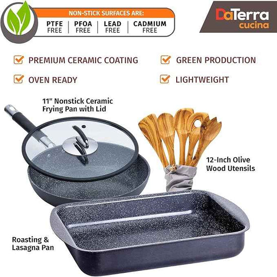 DaTerra Cucina Nonstick Italian Bundle – Roasting & Lasagna Pan, 11" Frying Pan with Lid, 5-Piece Olive Wood Cooking Utensils Set – Oven Safe, PTFE & PFOA Free - Made in Italy, Ceramic