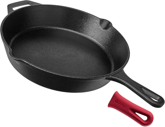 Cuisinel Cast Iron Skillet - 12"-Inch Frying Pan with Assist Handle + Red Silicone Grip Cover - Pre-Seasoned Oven Safe Cookware - Indoor/Outdoor Use - Grill, Stovetop, Induction, BBQ and Firepit Safe - Nestoria