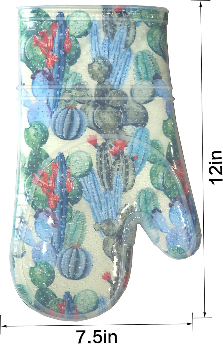 Oven Mitts Set of 2 with Transparent Clear Silicone Shell and Nice Fruit Flower Cotton Lining, Heat Resistant to 500 F Kitchen Oven Gloves Pot Holder for Cooking (Fruit Flower, Oven Mitts)
