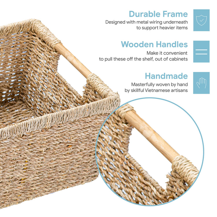 Large Wicker Basket Rectangular with Wooden Handles for Shelves (3 Count)