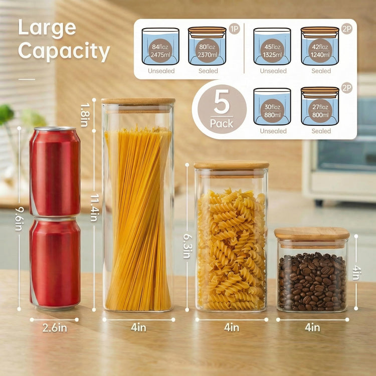 Square Glass Storage Containers with Bamboo Lids for Pasta & Flour (5 Count)