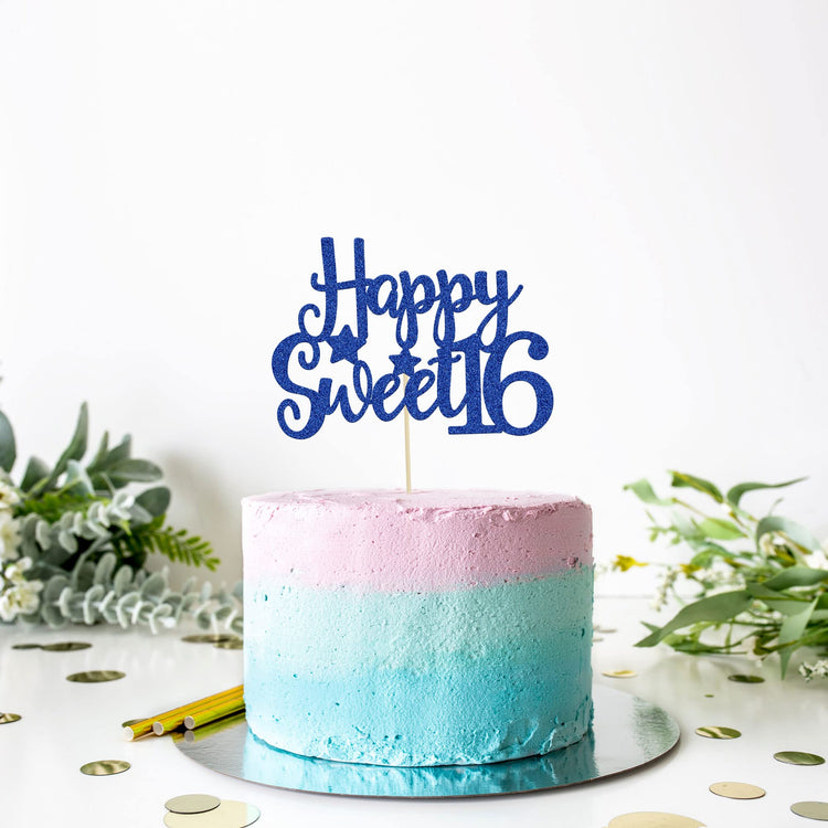 1Pc Happy Sweet 16 Cake Topper Blue Glitter Sweet 16 Birthday Cake Decoration Happy 16th Birthday Decorations for Girls Boys Party Supplies