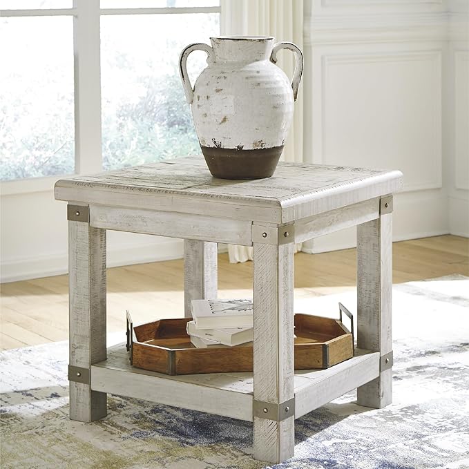 Signature Design by Ashley Carynhurst Farmhouse Rectangular End Table with Lower Shelf, 2 Electrical Outlets and 2 USB Ports, Wood, 24" High, Light Gray
