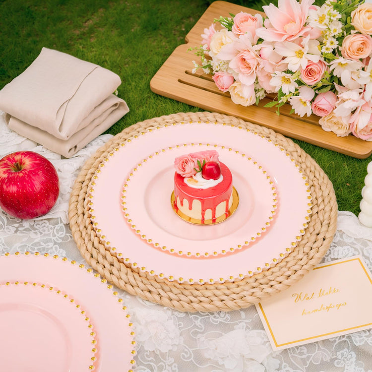 100pcs Pink Plastic Plates with Gold Beads Plastic Wedding Plates (100 Count)