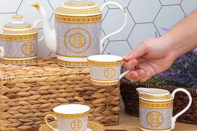 White and Gold Dinnerware Set - 58 Piece 'Mosaic' Dinner Set Luxury Bone China 24K Gold Inlays for Everyday use or Formal Occasions