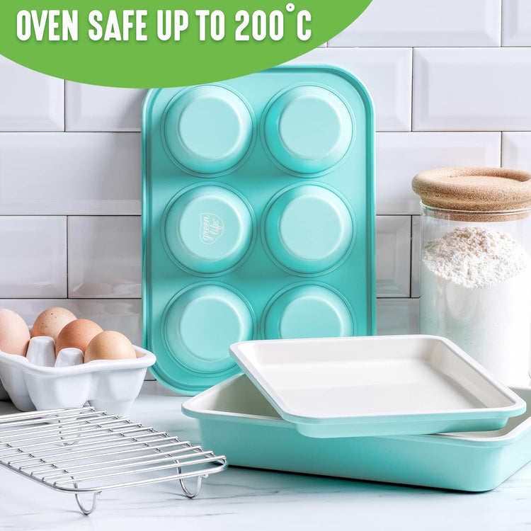 GreenLife Bakeware Healthy Ceramic Nonstick, 4 Piece Toaster Oven Baking Set with Cookie Sheet Muffin and Cake Pan, PFAS-Free, Turquoise