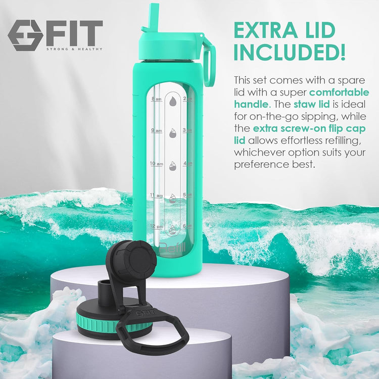 FIT Strong & Healthy 32 oz Glass Water Bottle with Straw Lid, Time Marker, Sleeve & Extra Lid - Motivational, Wide Mouth 1 Liter Glass Drinking Bottle
