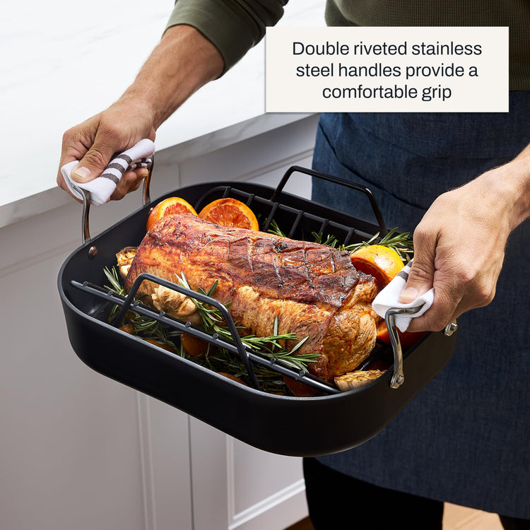Essentials Hard Anodized Nonstick Roaster with Rack 11x14 Inch Oven Broiler Safe 500F Roaster Pan