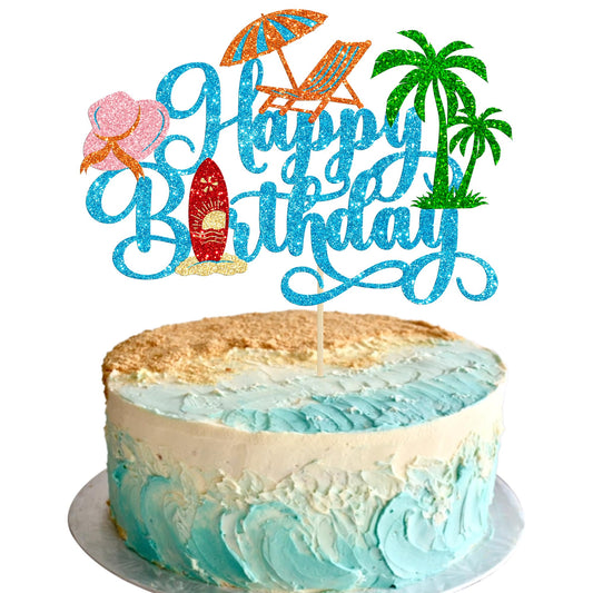 1Pcs Summer Beach Happy Birthday Cake Topper Glitter Ball Tree Umbrella Pool Cake Pick for Hawaiian Holiday Baby Shower Birthday Party Cake Decorations Supplies Blue