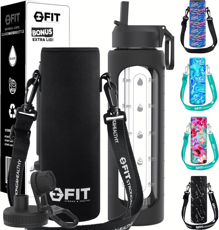FIT Strong & Healthy 32 oz Glass Water Bottle with Straw Lid, Time Marker, Sleeve & Extra Lid - Motivational, Wide Mouth 1 Liter Glass Drinking Bottle