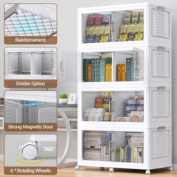 69.3"H 200Gal Plastic Storage Bins with Lid & Wheels,4Pack Extra Large Stackable Storage Bins with Dividers,Closet Organizers and Storage Cabinet Shelves Collapsible Box for Home Kitchen,White