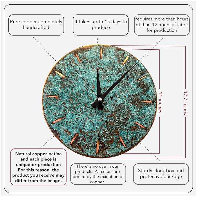 Handmade Copper Wall Clock Artisan Touch in Every Piece - Tree of Time Wall Decor Clock for Living Room, Office, Kitchen & Bedroom (Pure Copper, 11)