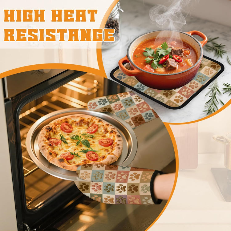 Vintage Dog Cat Paws Oven Mitts and Pot Holders Set,Kitchen Oven Gloves and Pot Holder with Heat Resistant Non Slip for Cooking Baking Grilling(4 Piece Set)