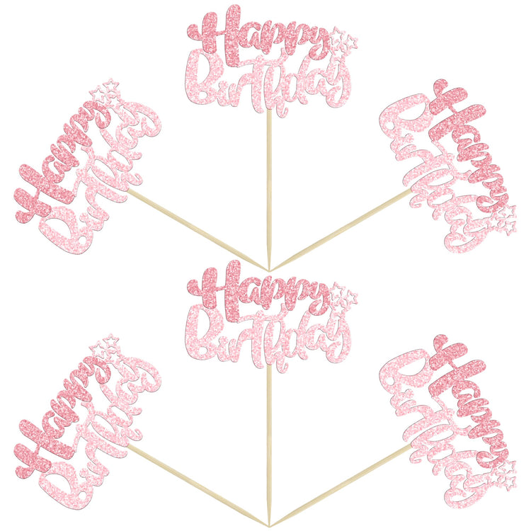 24Pcs Pink Light Pink Happy Birthday Cupcake Toppers for Baby Shower (24 Count)